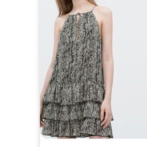 Zara Ruffle Layered Dress Abstract Herringbone Size Medium M Chiffon Racerback
